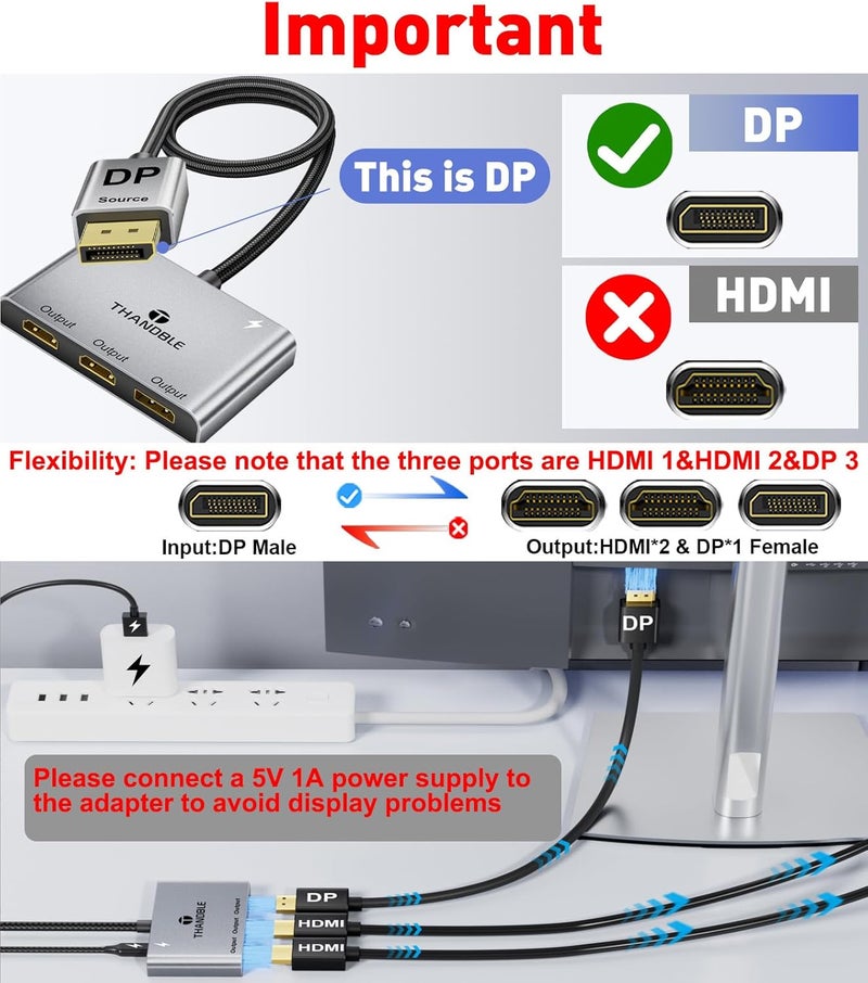 THANDBLE DisplayPort to Dual HDMI with DP Adapter (4K@60Hz) Extended Display 1 in 3 Out MST Hub for Multiple Monitors Compatible for Graphics Card, PC, NVIDIA, AMD - Image 2